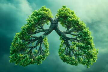 Green tree growing in the shape of human lungs, symbolizing clean air, oxygen production, and healthy respiration