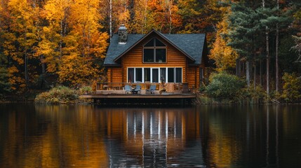 Fototapeta premium Cozy Wooden Cabin by Serene Lake Surrounded by Autumn Foliage