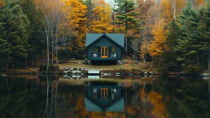 Fototapeta premium Serene Autumn Cabin Reflecting on Calm Lake Surrounded by Trees