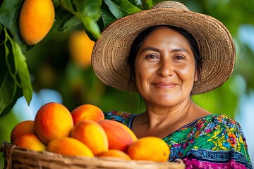 A cheerful Mexican woman dressed in colorful dress and straw hat smiles as she holds a basket filled with sweet mangoes.