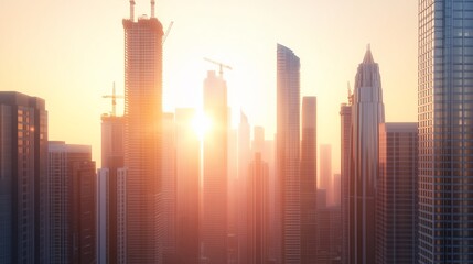 Fototapeta premium Cityscape sunrise, skyscrapers under construction, urban development, morning light