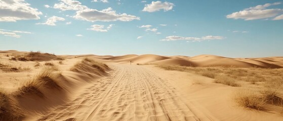 Desert sand dunes road under blue sky