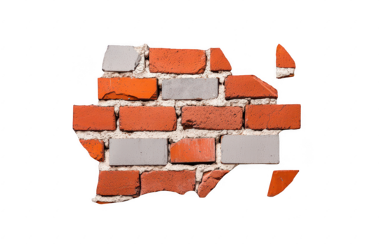 Transparent cut-out of a broken wall showcasing red and gray bricks against a white background, perfect for design projects and creative presentations