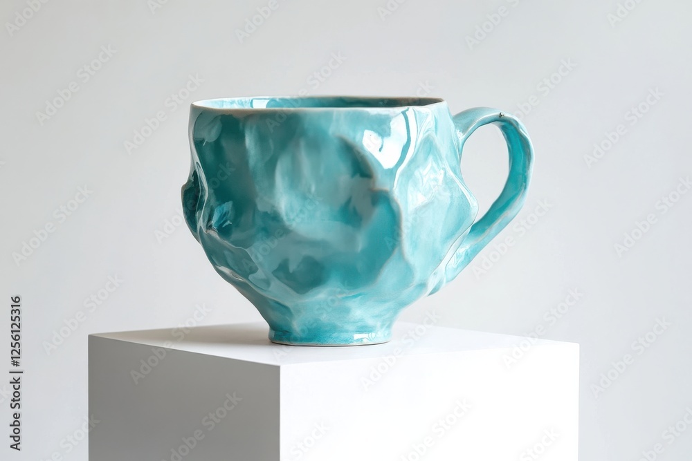 Poster unique teal ceramic mug with an artistic design displayed on a white pedestal in a gallery setting