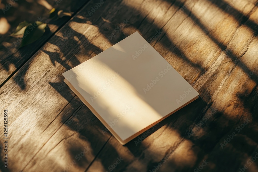 Poster Sunlight casts soft shadows on a stack of blank notes placed on a rustic wooden table outdoors in a peaceful setting