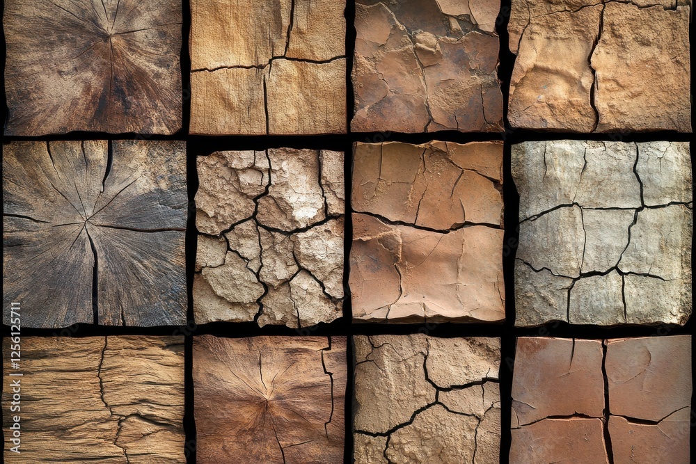 Poster textures of wood and stone arranged in a grid showcasing natural patterns and colors