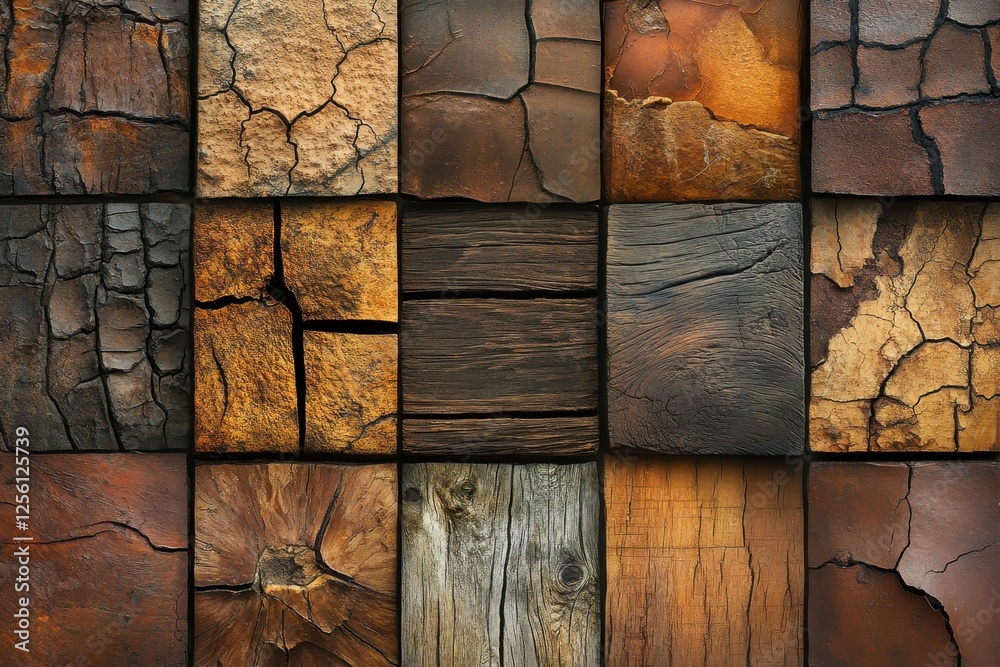 Aufkleber variety of textured wood and stone surfaces showcasing natural patterns and colors in a structured l