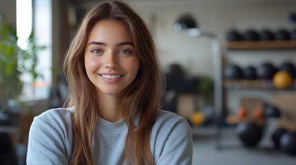 Obraz premium Smiling young woman in athletic wear poses confidently at a modern fitness center