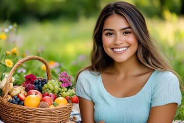 A young Caucasian woman enjoys a summer picnic in a flower-filled meadow, sitting beside a basket of fresh fruits. Copy space.