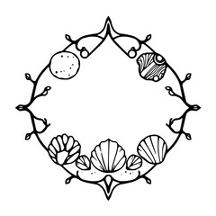 Ornate Black and White Frame with Seashell Elements Surrounded by Foliage
