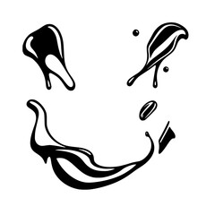 Black ink-like droplets shaped into a cheerful smile against a stark white background.