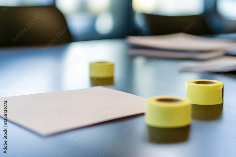 Poster Workspace with yellow tape and blank sheets on a table during a creative project in a bright setting