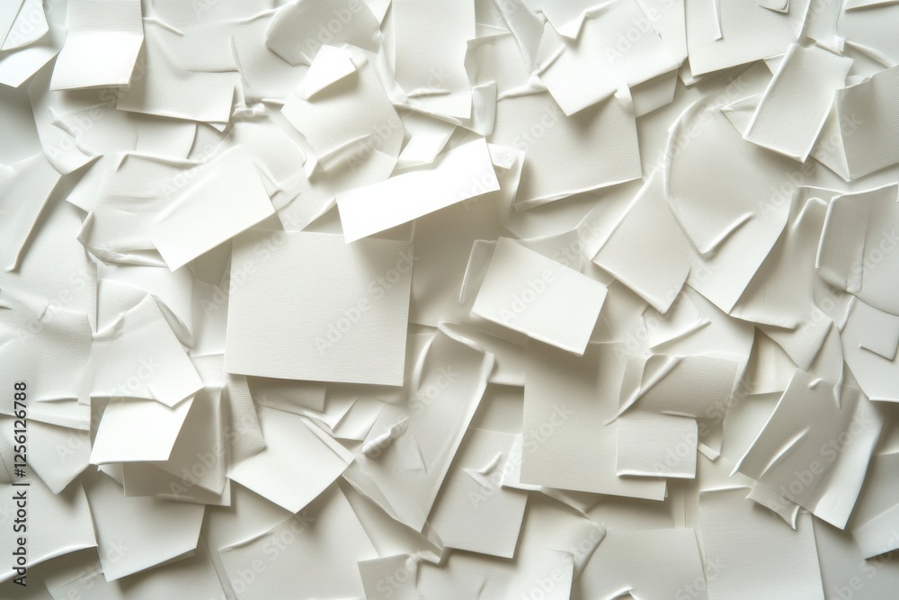 Poster white paper scraps scattered across a flat surface creating a textured background for creative proje