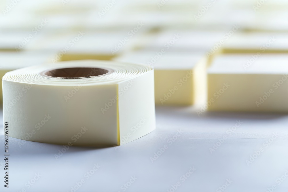 Poster rolls of adhesive tape arranged on a desk in a workspace during the morning light