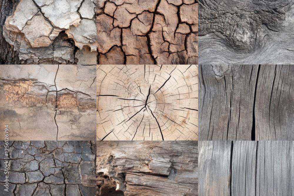 Poster various textures of aged wood displayed in a grid pattern showcasing natural wear and patterns