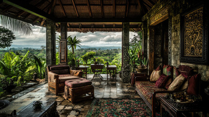 Obraz premium Serene tropical living room with lush garden view, showcasing traditional decor and furniture