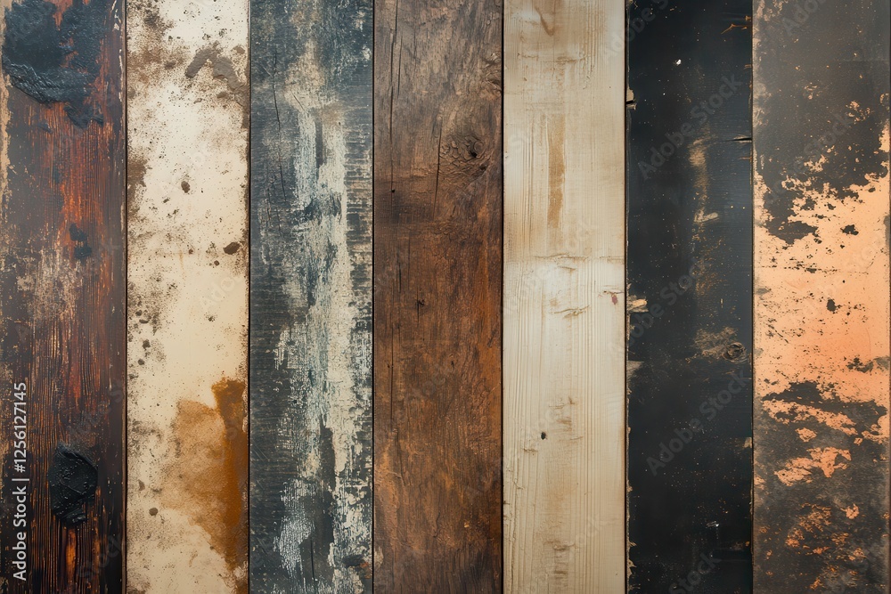 Poster wooden planks arranged in a variety of textures and colors showcasing unique patterns and finishes