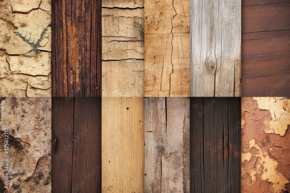 Aufkleber Various types of weathered wood textures displayed in a grid showcasing natural variations and color patterns