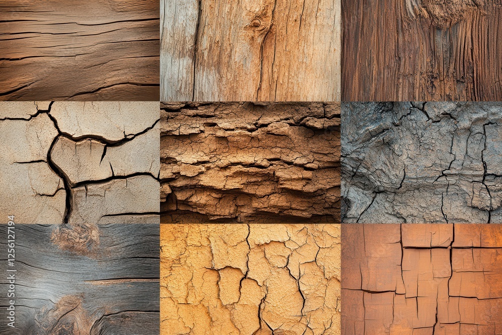 Poster textures of natural wood and earth showcasing patterns of age and wear in a collection of close-up v