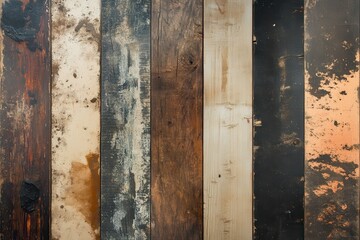 Wooden planks arranged in a variety of textures and colors showcasing unique patterns and finishes