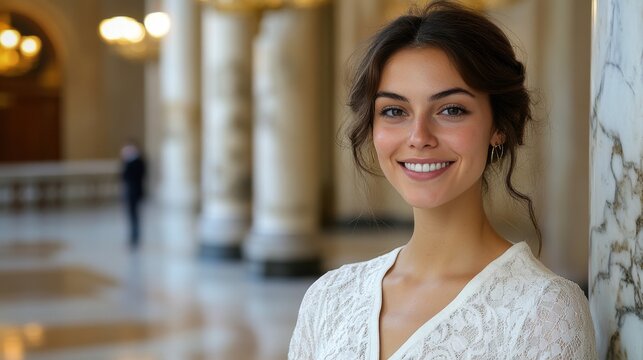 Smiling young woman in elegant setting radiates confidence and warmth during a lively gathering