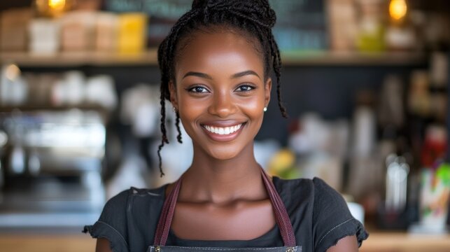 Smiling barista welcomes customers with warmth in a cozy cafe setting