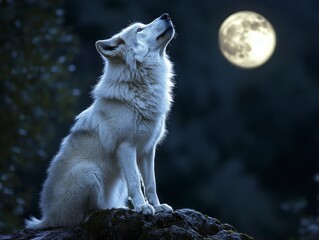 Obraz premium Majestic White Wolf Howls at Bright Full Moon in Mystical Moonlit Forest Scene
