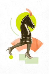3D photo collage template trend artwork composite of chess figure horse body walk human legs woman...