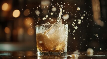 Splashing Ice Cube in Whiskey Glass with Blurred Background