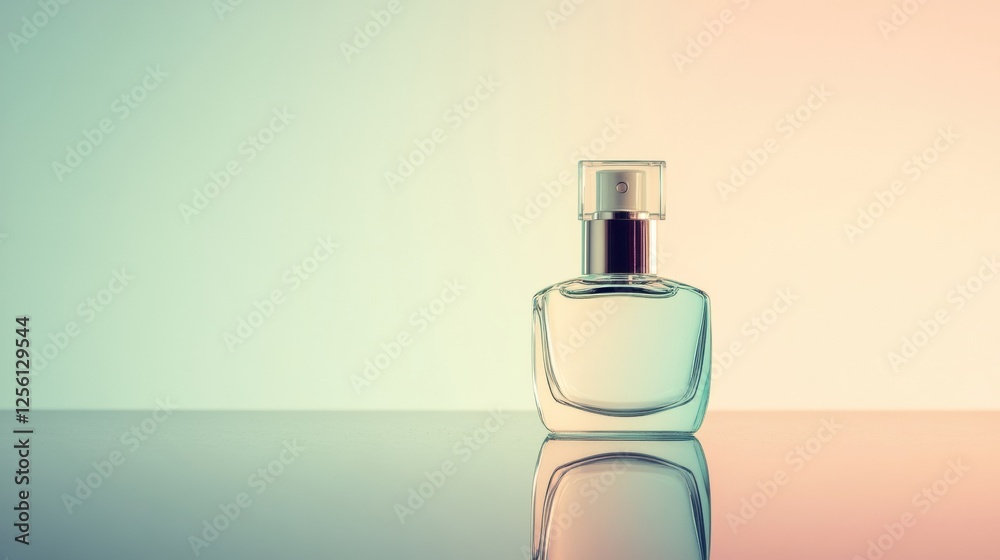 Poster sleek cosmetic bottle on reflective surface with pastel background inviting creativity and elegance.