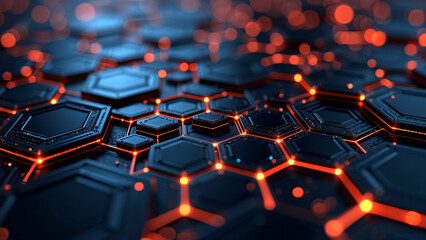 Obraz premium Abstract tech background with glowing orange hexagonal shapes. Ideal for sci-fi, future, or network themes.