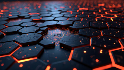 Obraz premium Abstract tech background with glowing orange hexagonal shapes. Ideal for sci-fi, future, or network themes.