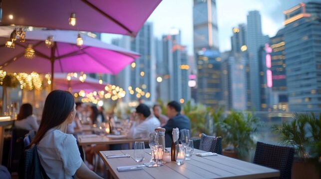 City Rooftop Dining Evening Dinner with Friends.