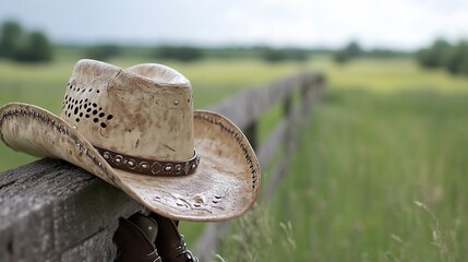 Cowboy hat on fence, rural field, summer. Western lifestyle image.