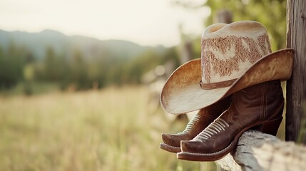 Cowboy hat and boots on fence, ranch landscape. Western lifestyle imagery.