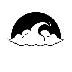 Naklejka premium Simplified illustration of a stylized wave breaking beneath a black semi-circle suggesting a sun, moon or setting sun, cloud formation.