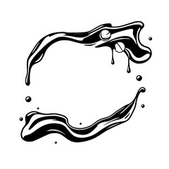 Abstract black ink splatter with two circles on white background in a circle format.