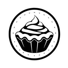 Cupcake illustration within a circle, displaying a minimalist design with black outline, perfect for logo, or branding.