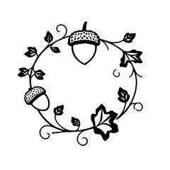 Acorn Wreath: A simplistic and elegant illustration featuring acorns and foliage in black and white.