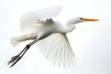 Bird in flight captured against a white background, displaying its wingspan and grace in motion