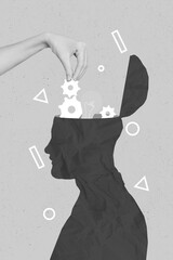 Vertical photo collage of painted person open head brainstorming mechanism automation lightbulb...