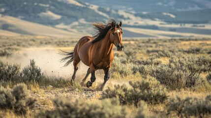 Majestic Brown Horse Galloping Across Lush Meadow Landscape