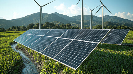 Solar panels and wind turbines in a green field with mountains, promoting renewable energy
