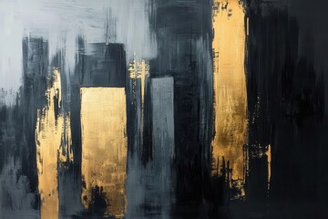 dramatic abstract cityscape rendered in bold metallic gold and deep noir brushstrokes, creating a modern minimalist composition with dynamic tension