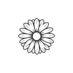 Minimalist black and white daisy drawing isolated on a white background, stylized, artistic, and simple.