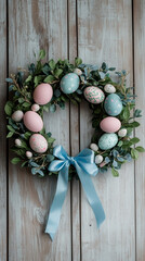 An Easter wreath made of pastel-colored eggs, ribbons, and fresh greenery on a rustic wooden background