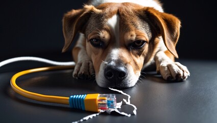 Curious puppy explores a colorful cable while lounging on a sleek black surface in a playful moment of mischief and discovery