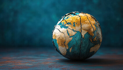 cracked globe symbolizes division and conflict, representing impact of tariffs and sanctions on global unity. Its vibrant colors contrast with dark background, evoking sense of urgency