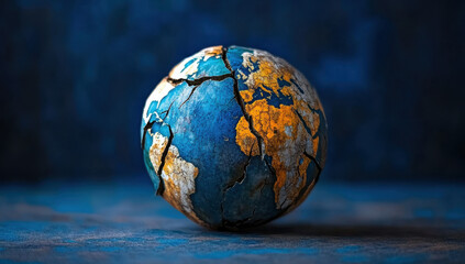 cracked globe symbolizes division and conflict, representing impact of tariffs and sanctions on global unity. Its vibrant colors contrast with dark background, evoking sense of urgency