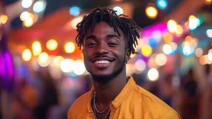 Smiling young man enjoys a vibrant festival atmosphere filled with colorful lights and joyful energy at night